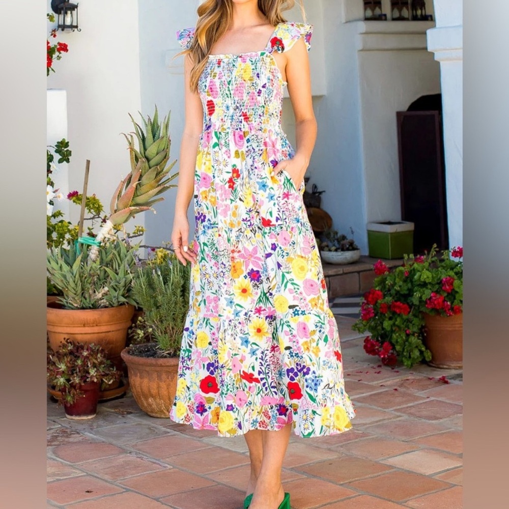 THML Floral Maxi Dress in White with Multicolor Flower Print